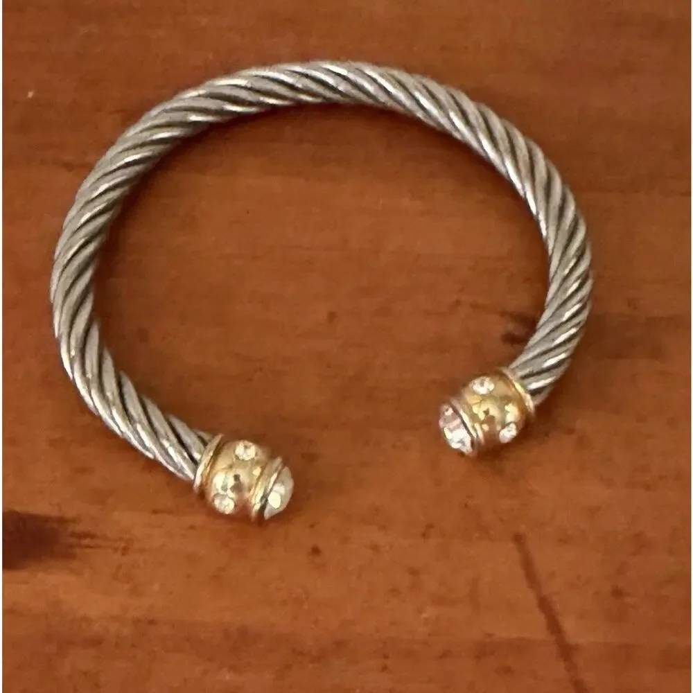 Retro Inspired Stylish Silver Rope Cuff Bracelet Gold Bar Ends Rhinestones